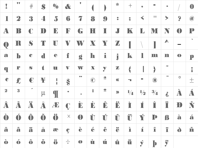 BodoniVert2 Regular  glyph index