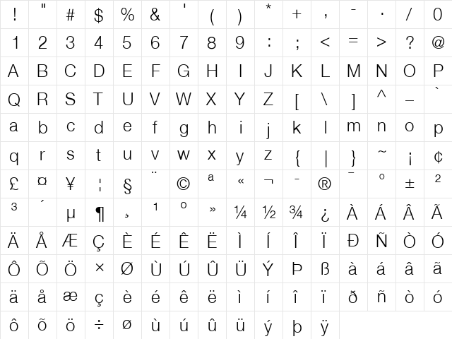 Helvetica 45 Light Regular  glyph index