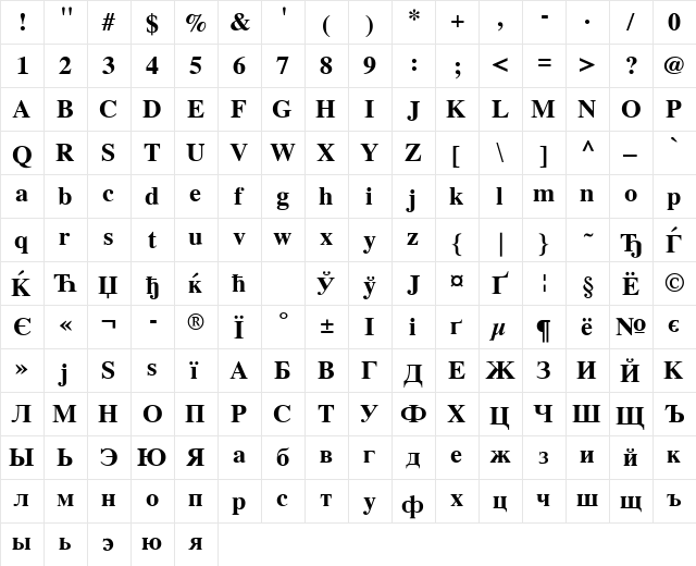 Vremya Bold  glyph index