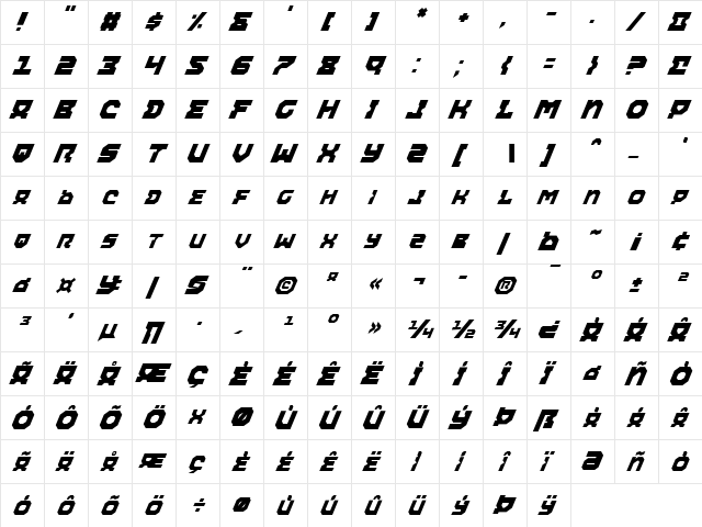 Airacobra Italic Italic  glyph index