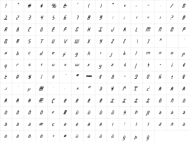 Blue July Bold Condensed Bold Condensed  glyph index