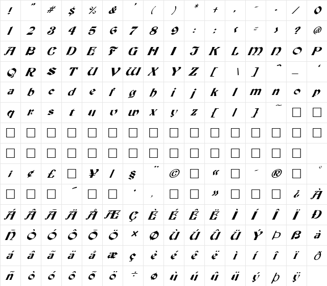 FZ JAZZY 19 ITALIC Medium  glyph index