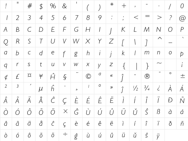 Humanst521 Lt BT Eo Light Italic  glyph index