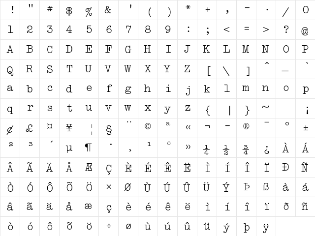 Typewriter MT Std Regular  glyph index
