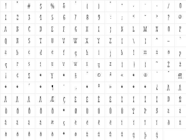 Ecru Regular  glyph index