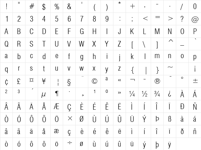 Swis721 LtCn BT Light  glyph index