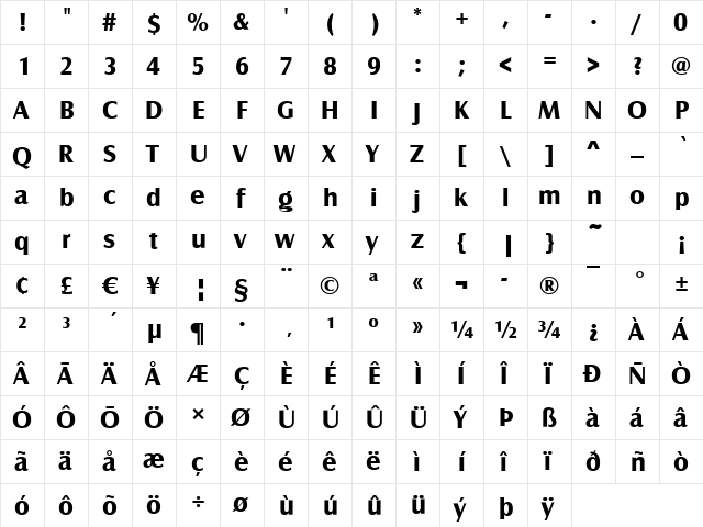 Canossa Bold  glyph index