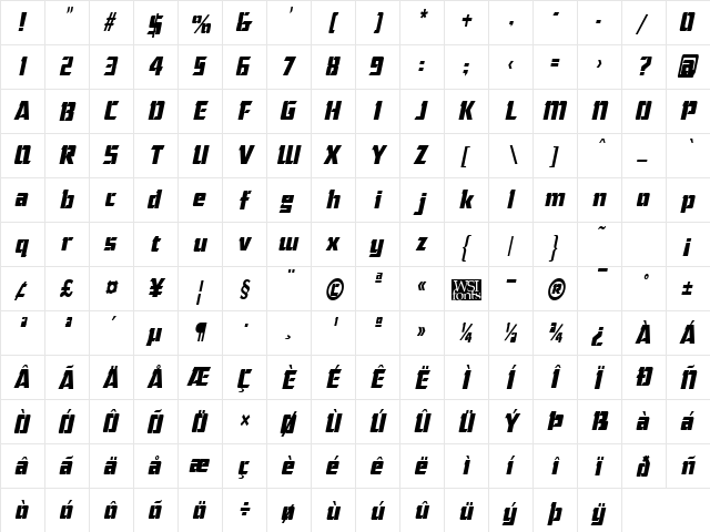ChiselCondensed Italic  glyph index