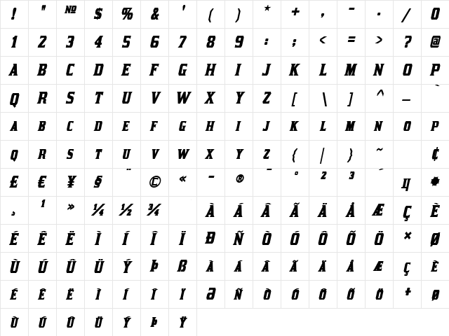 Kirsty Bold Italic  glyph index