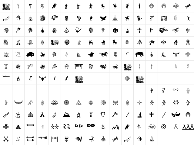 Native American Indians Regular  glyph index