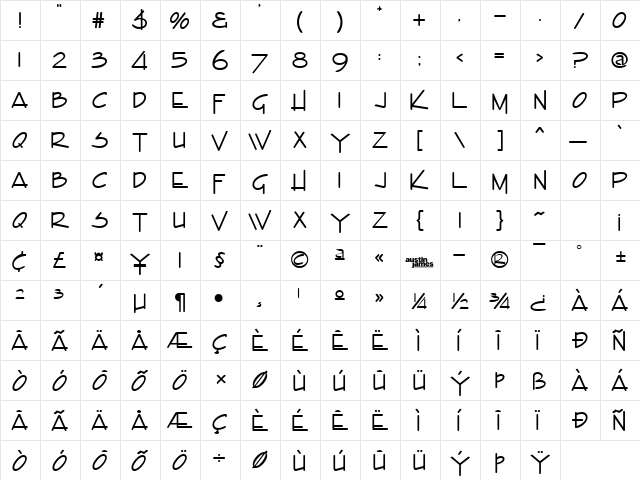 Encino Regular  glyph index