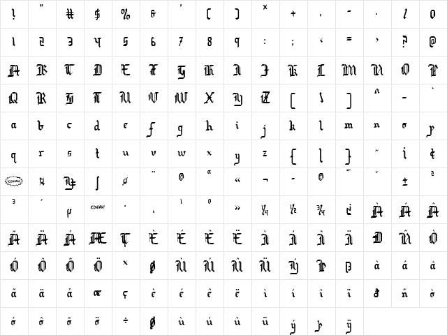 Redcoat Condensed Condensed  glyph index
