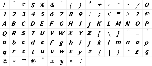 ArtemiusSans ItalicBold  glyph index