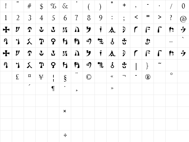Sacre Regular  glyph index