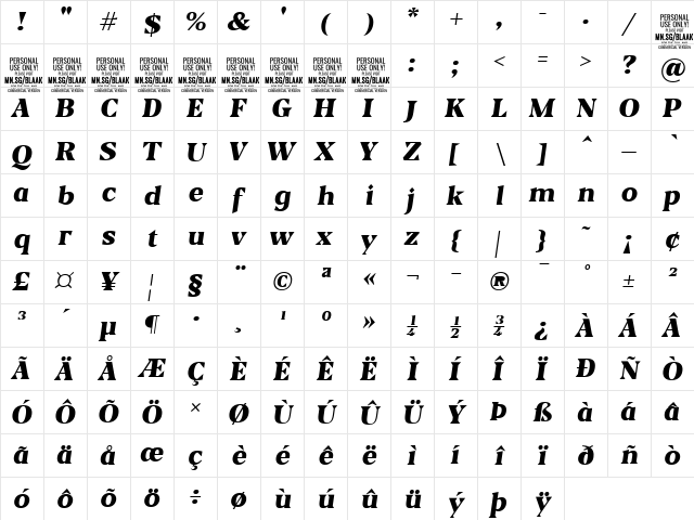 Blaak Black PERSONAL USE Italic  glyph index
