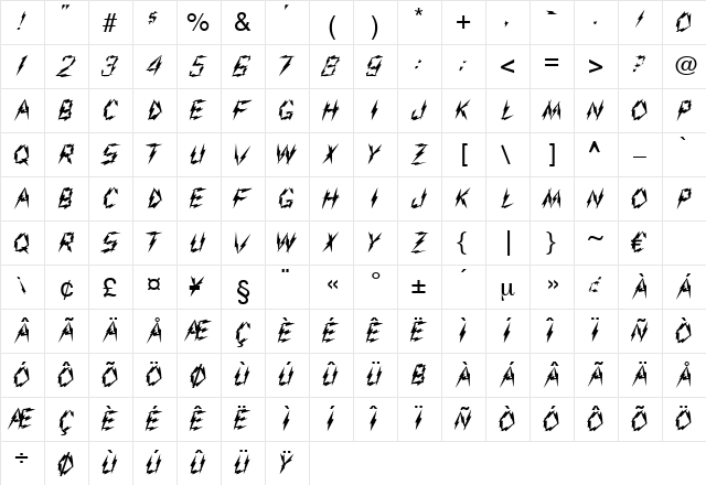 Bizarr Regular  glyph index