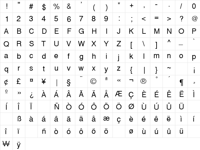 Helvetique Regular  glyph index