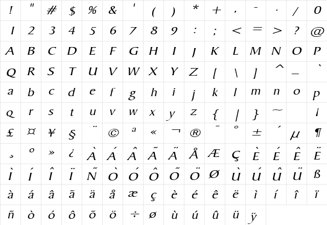 Barrett Wide Italic  glyph index