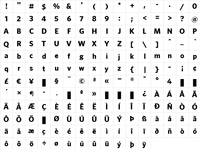 Whitney Bold  glyph index