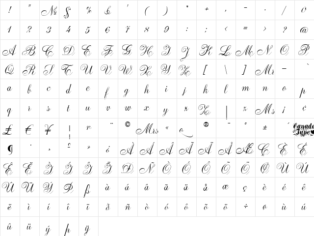 Ambassador Script Alt Caps Regular  glyph index