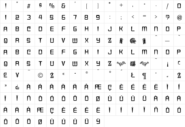 AztecaCondensed Regular  glyph index