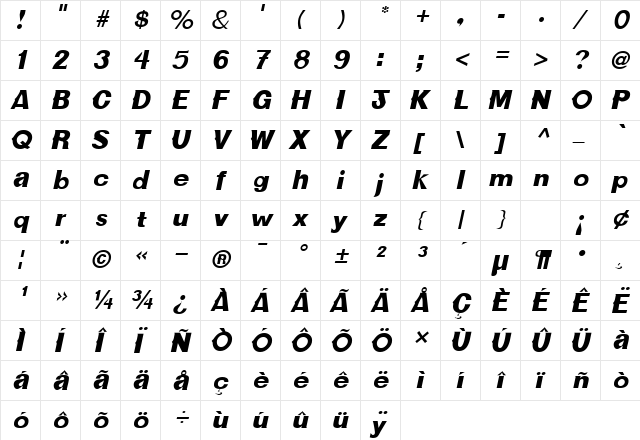CactusSSK Italic  glyph index