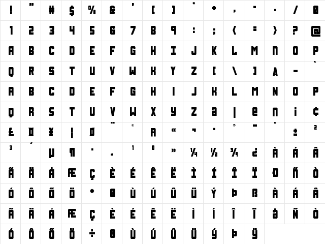 Urban Defender Title Regular  glyph index