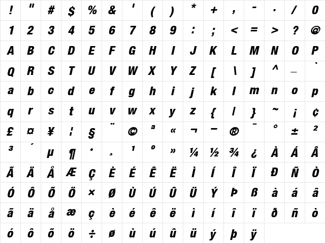 Helvetica87-CondensedHeavy HeavyItalic  glyph index