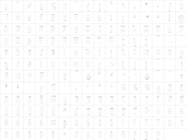 BillboardOutlineCondensed Regular  glyph index