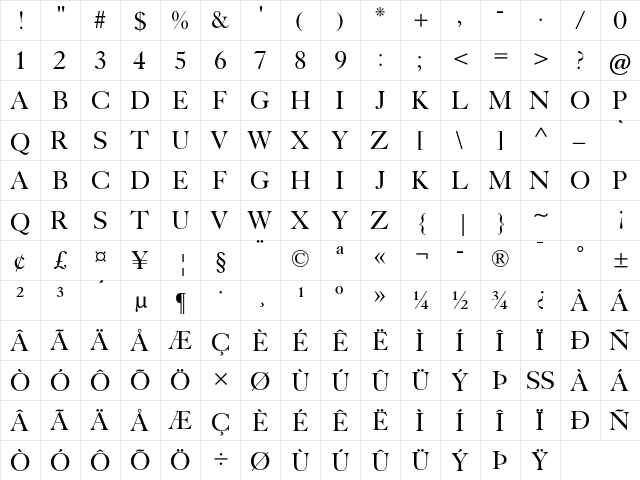 Caslon Titling MT Std Regular  glyph index