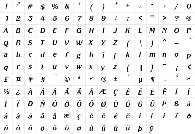 Panache-BoldIta Regular  glyph index