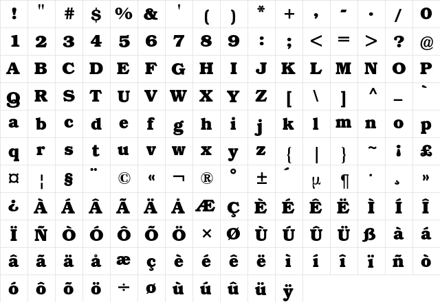 Bookman BQ Regular  glyph index