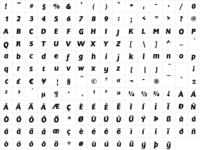 Frascati-Medium Italic  glyph index