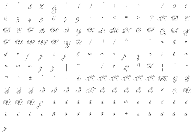 Gravura Std Regular  glyph index