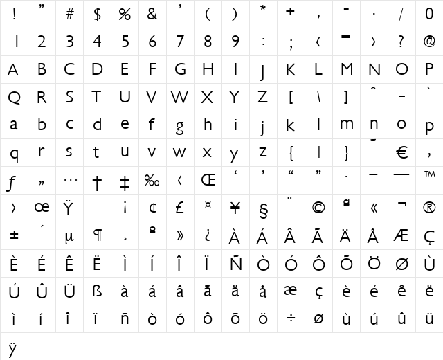 Chantilly-Light Regular  glyph index