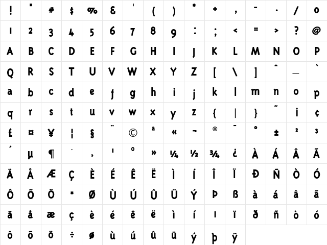 Karmen Bold  glyph index