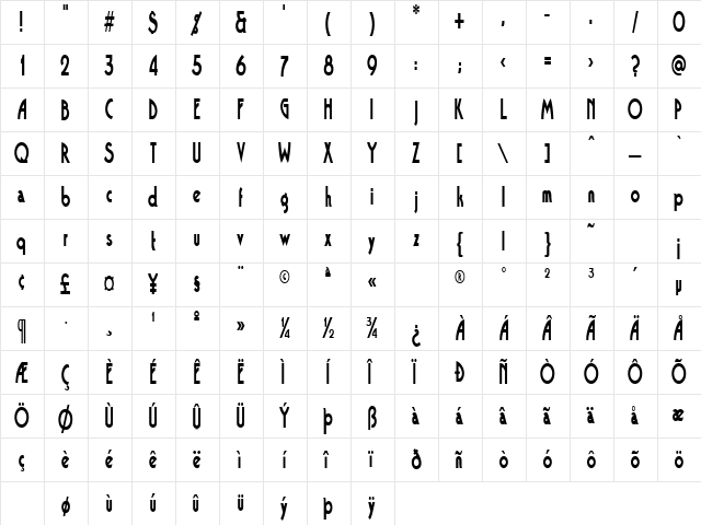 BandstandCondensed Regular  glyph index