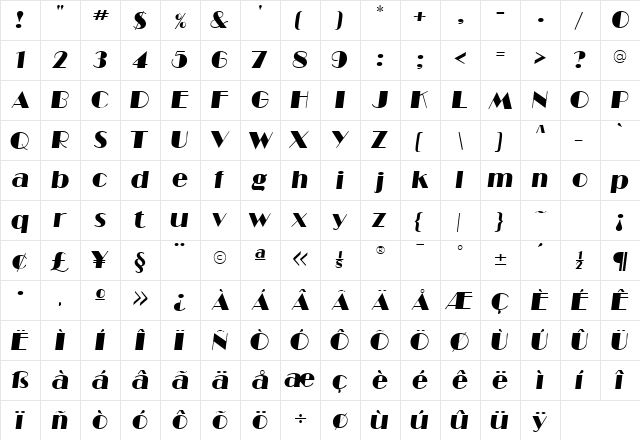 BarbeDisplaySSK Italic  glyph index