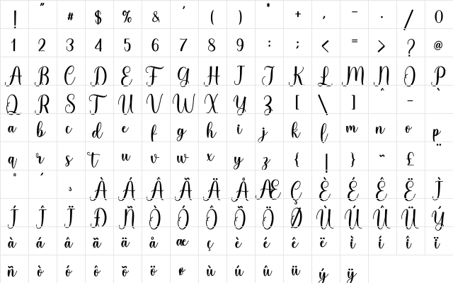 Daylove_DEMO Regular  glyph index