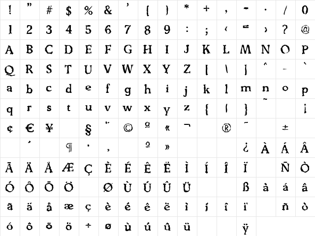 BenjaminBeckerRandom-Medium Regular  glyph index