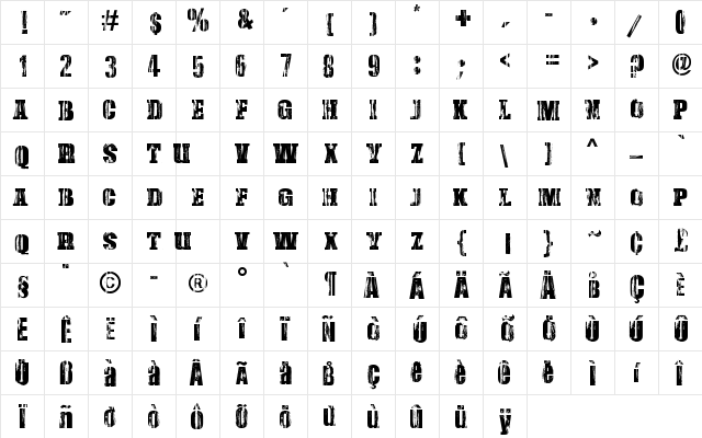 Damaged Serif Regular  glyph index