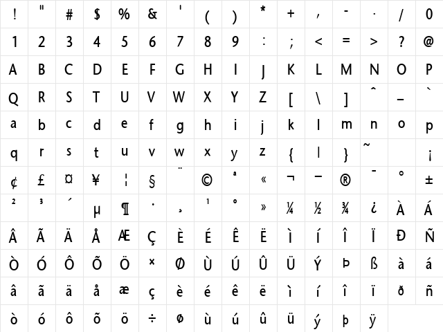 Optimist-Condensed Bold  glyph index