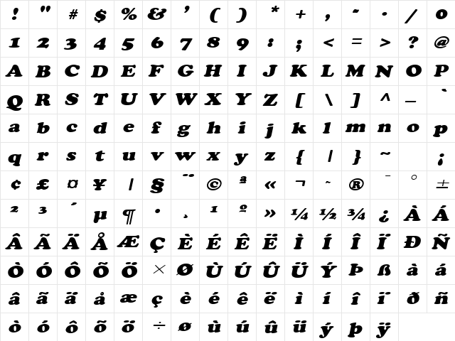 Cupid Wide Italic  glyph index