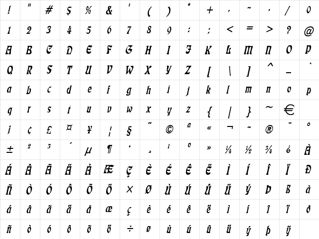 FreedomCondensed Italic  glyph index