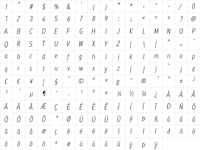 Ayumi Pro Light Italic  glyph index