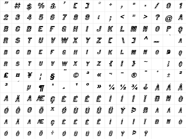 Bunting 1 Italic  glyph index