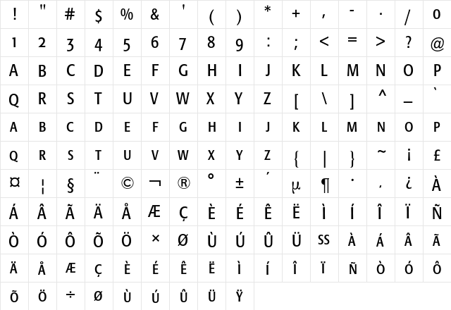 FormataCondensedExpertBQ Regular  glyph index
