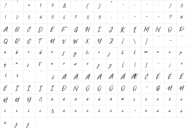 Free Pen Regular  glyph index