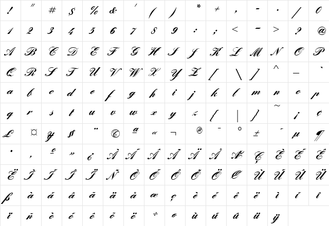 EnglishScriptEF Regular  glyph index
