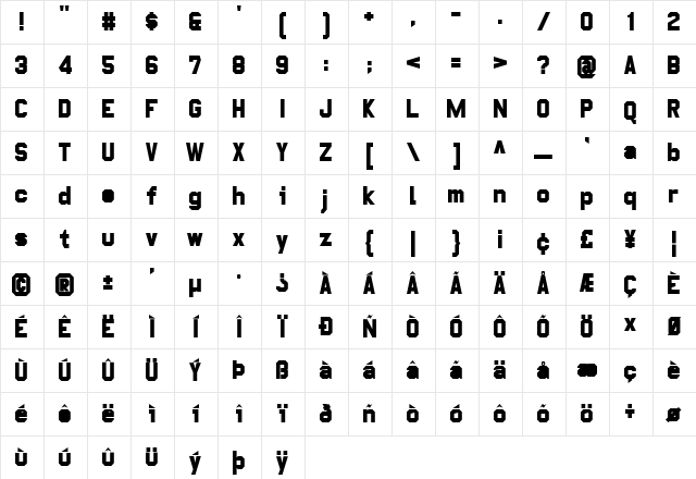 Pop Warner Regular  glyph index